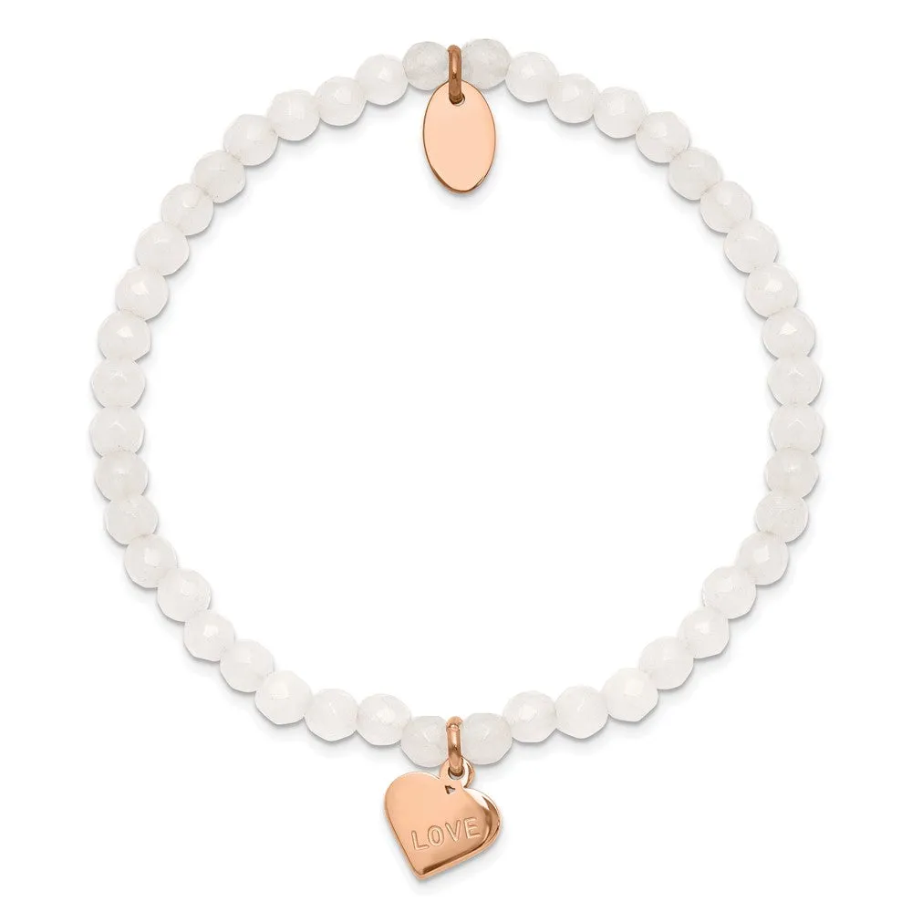 Chisel Stainless Steel Polished Rose IP-plated LOVE Heart 4mm Jade Beaded Stretch Bracelet