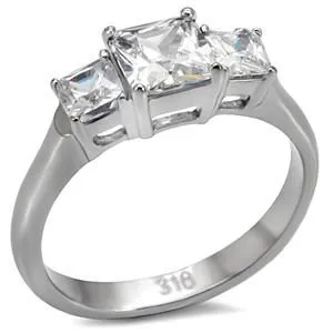 CJ7748OS Wholesale Stainless Steel Square Princess Cubic Zirconia Past, Present & Future Ring