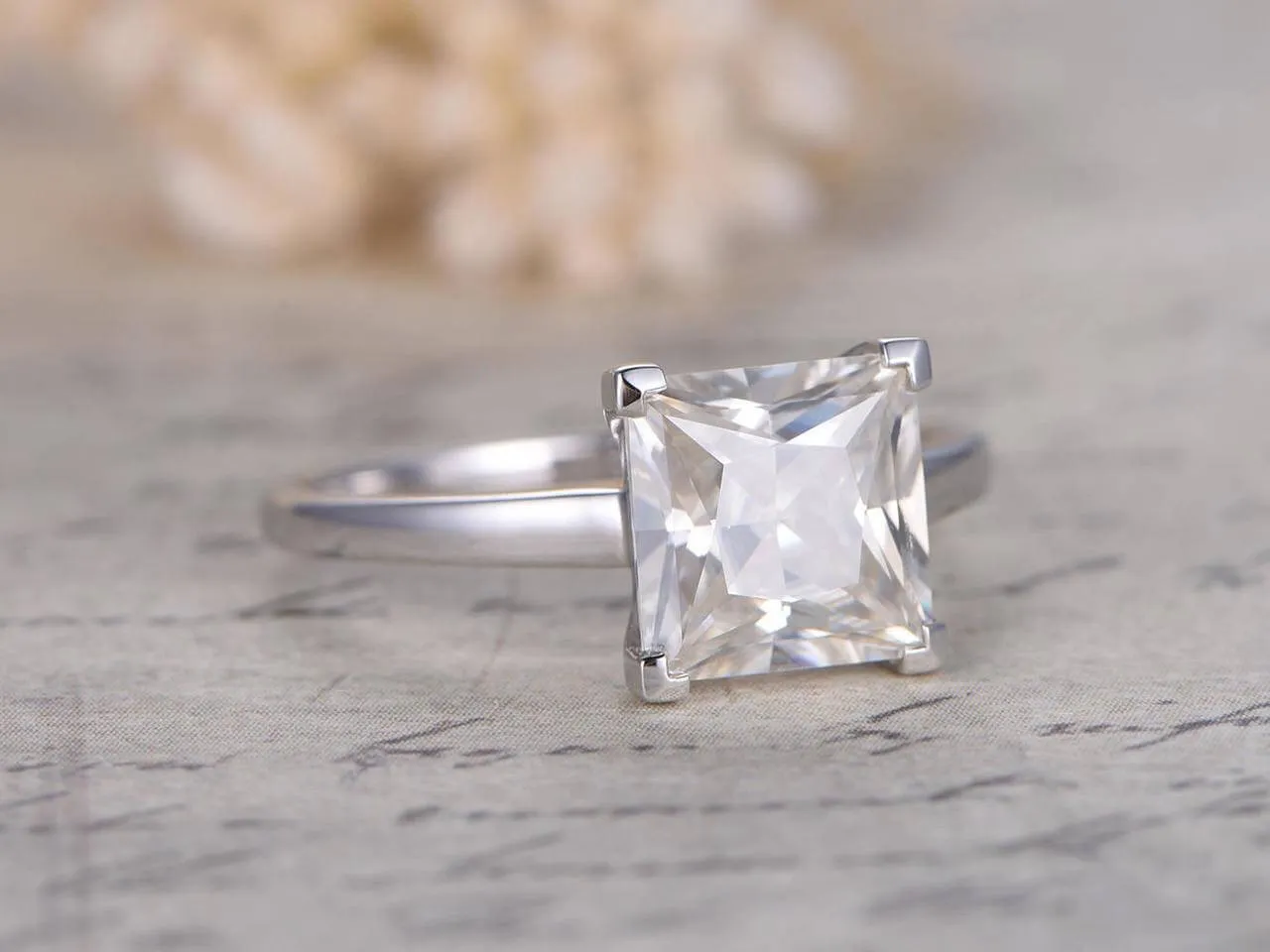 Classic Princess Cut Solitaire 1 Carat Moissanite Diamond Engagement Ring in 10k White Gold