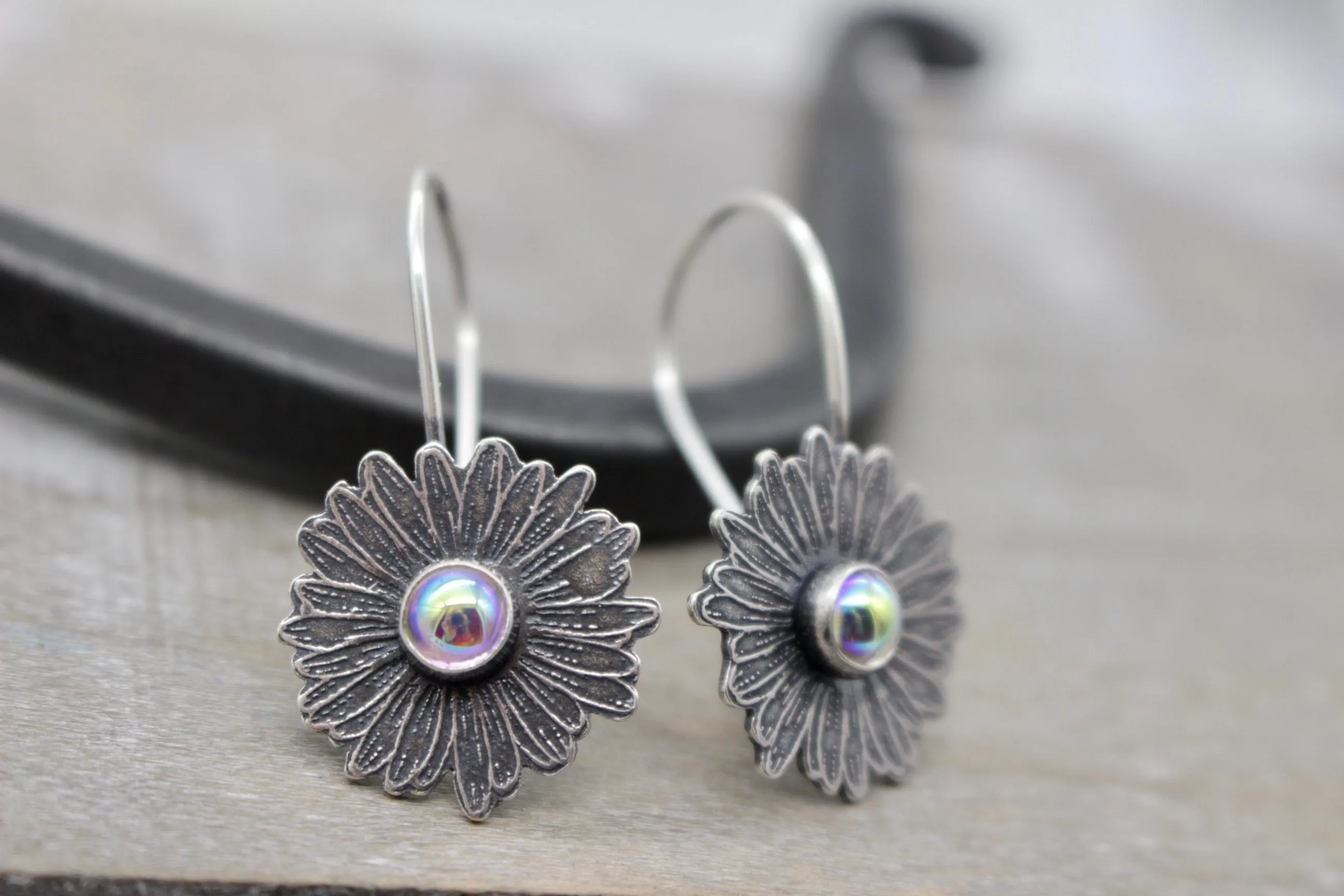 Clear aura borealis Sterling silver daisy earrings