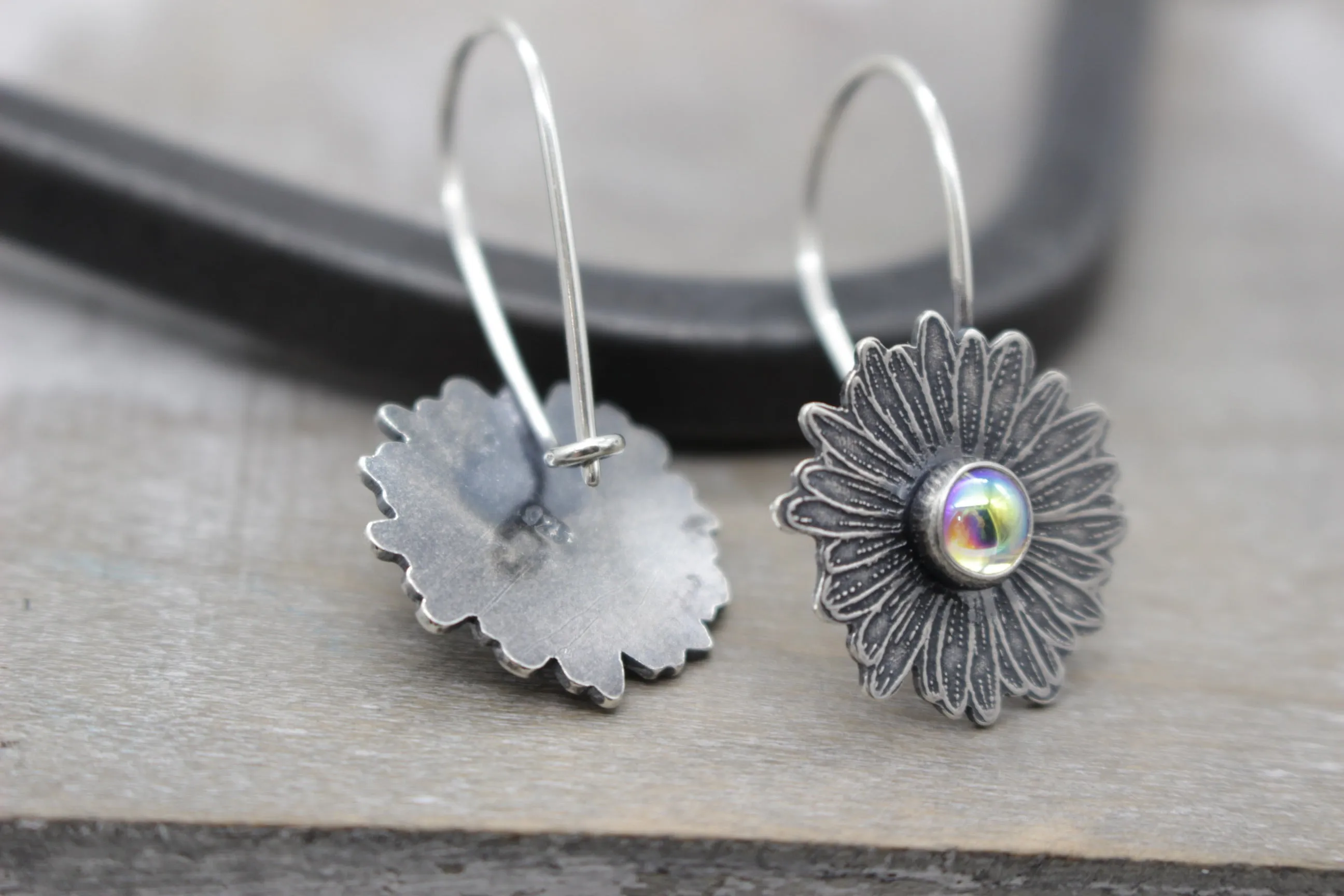 Clear aura borealis Sterling silver daisy earrings