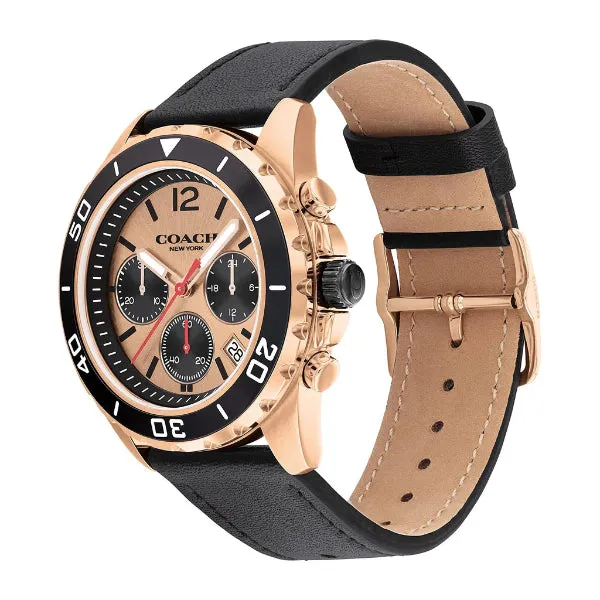 Coach Kent Black Leather Strap Rose Gold Dial Chronograph Quartz Watch for Gents - 14602559
