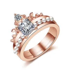 Crystal & Pearl 18K Rose Gold-Plated Princess-Cut Ring & Band