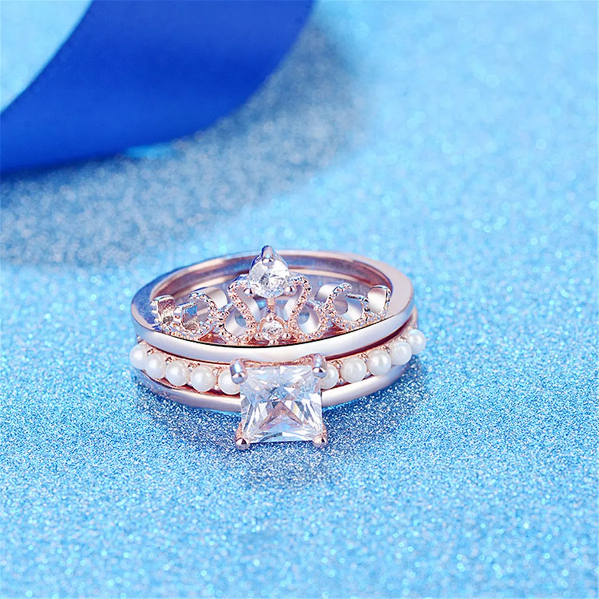 Crystal & Pearl 18K Rose Gold-Plated Princess-Cut Ring & Band