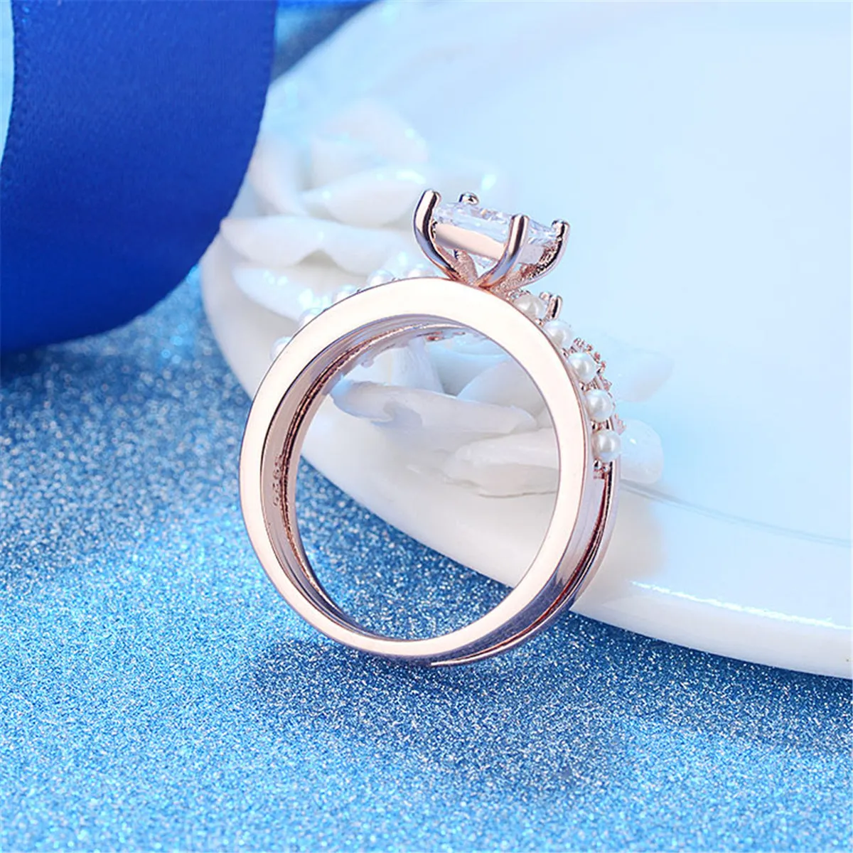 Crystal & Pearl 18K Rose Gold-Plated Princess-Cut Ring & Band