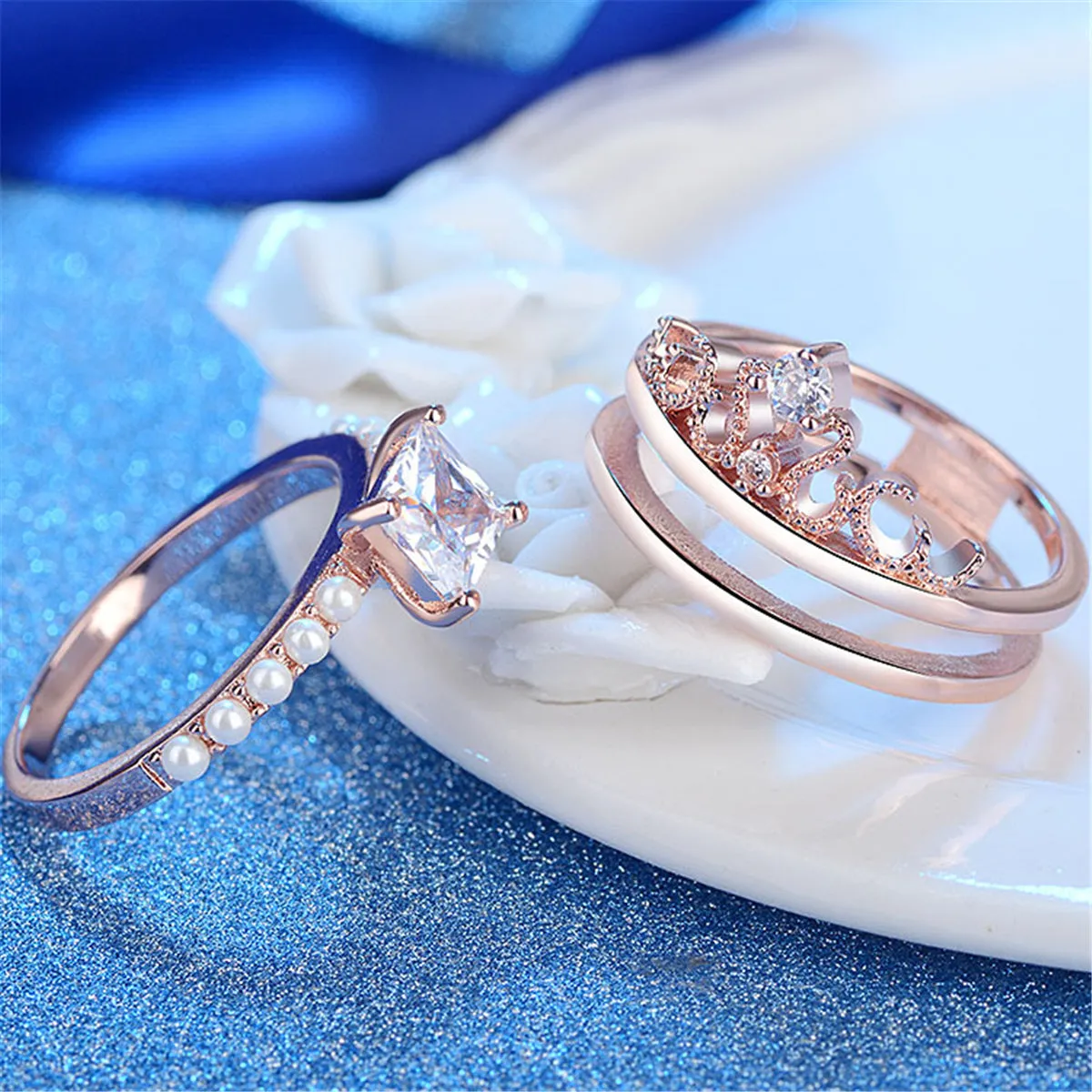 Crystal & Pearl 18K Rose Gold-Plated Princess-Cut Ring & Band