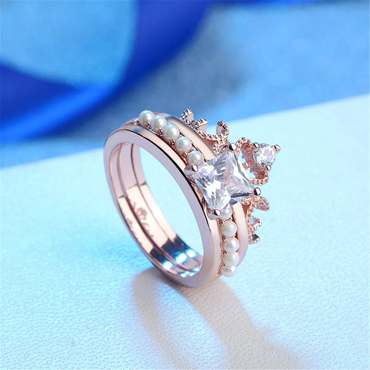 Crystal & Pearl 18K Rose Gold-Plated Princess-Cut Ring & Band