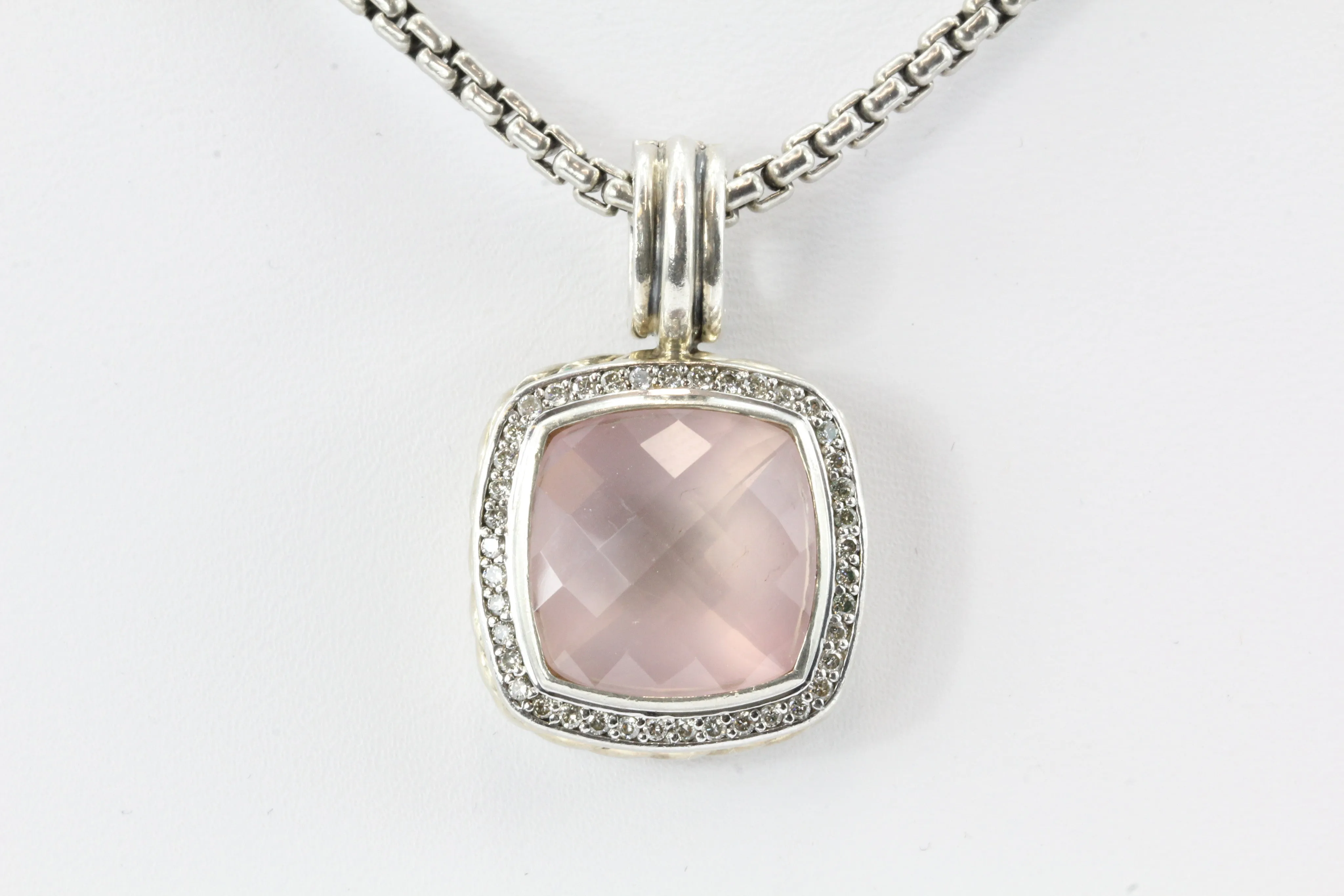 David Yurman Sterling Silver Rose Quartz Diamond Albion Enhancer & Chain
