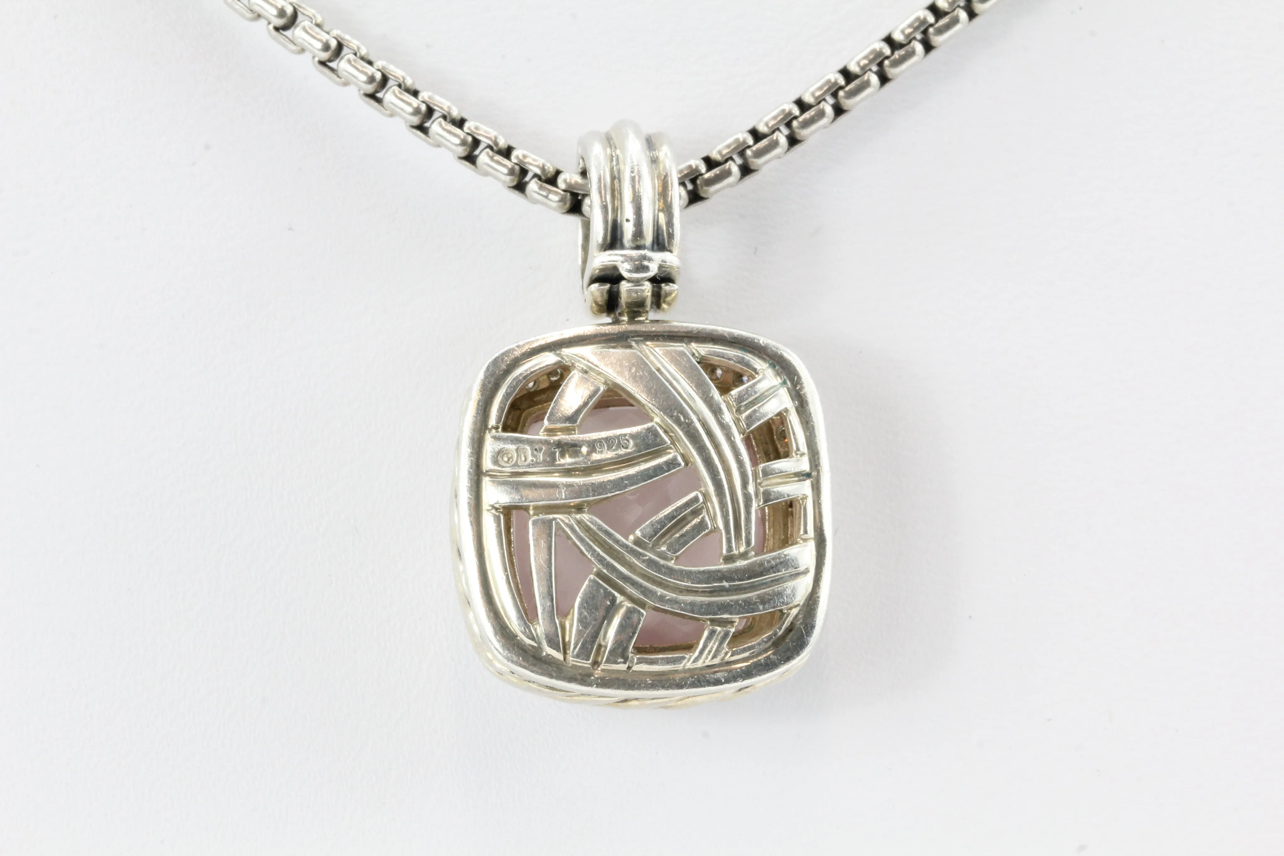 David Yurman Sterling Silver Rose Quartz Diamond Albion Enhancer & Chain