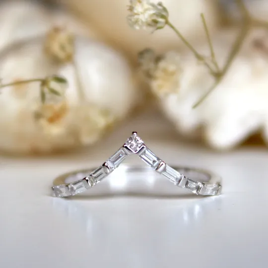Deep Chevron V Ring with Baguette and Princess cut Diamonds