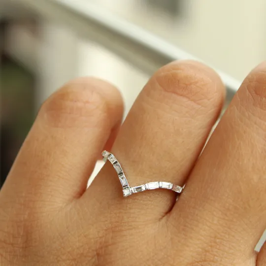 Deep Chevron V Ring with Baguette and Princess cut Diamonds