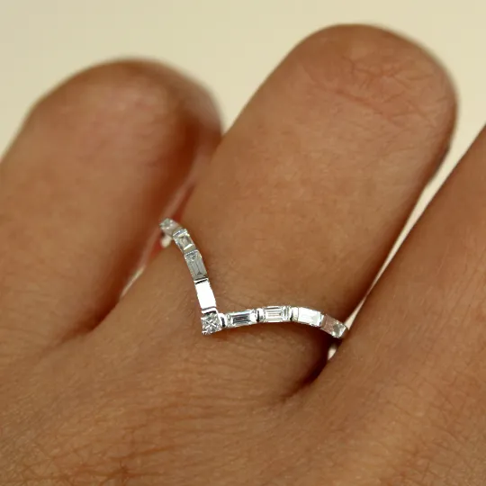 Deep Chevron V Ring with Baguette and Princess cut Diamonds