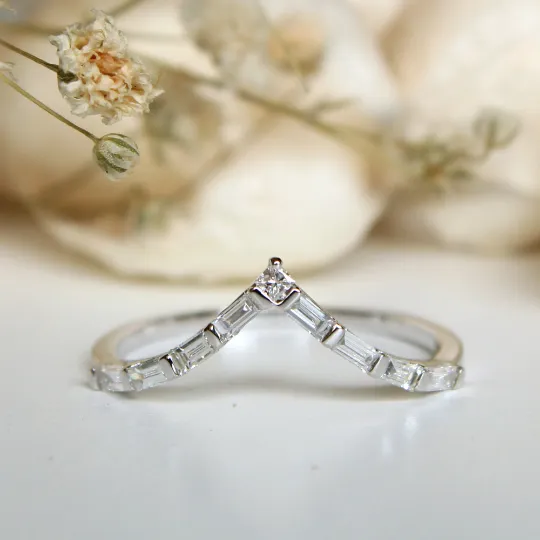 Deep Chevron V Ring with Baguette and Princess cut Diamonds