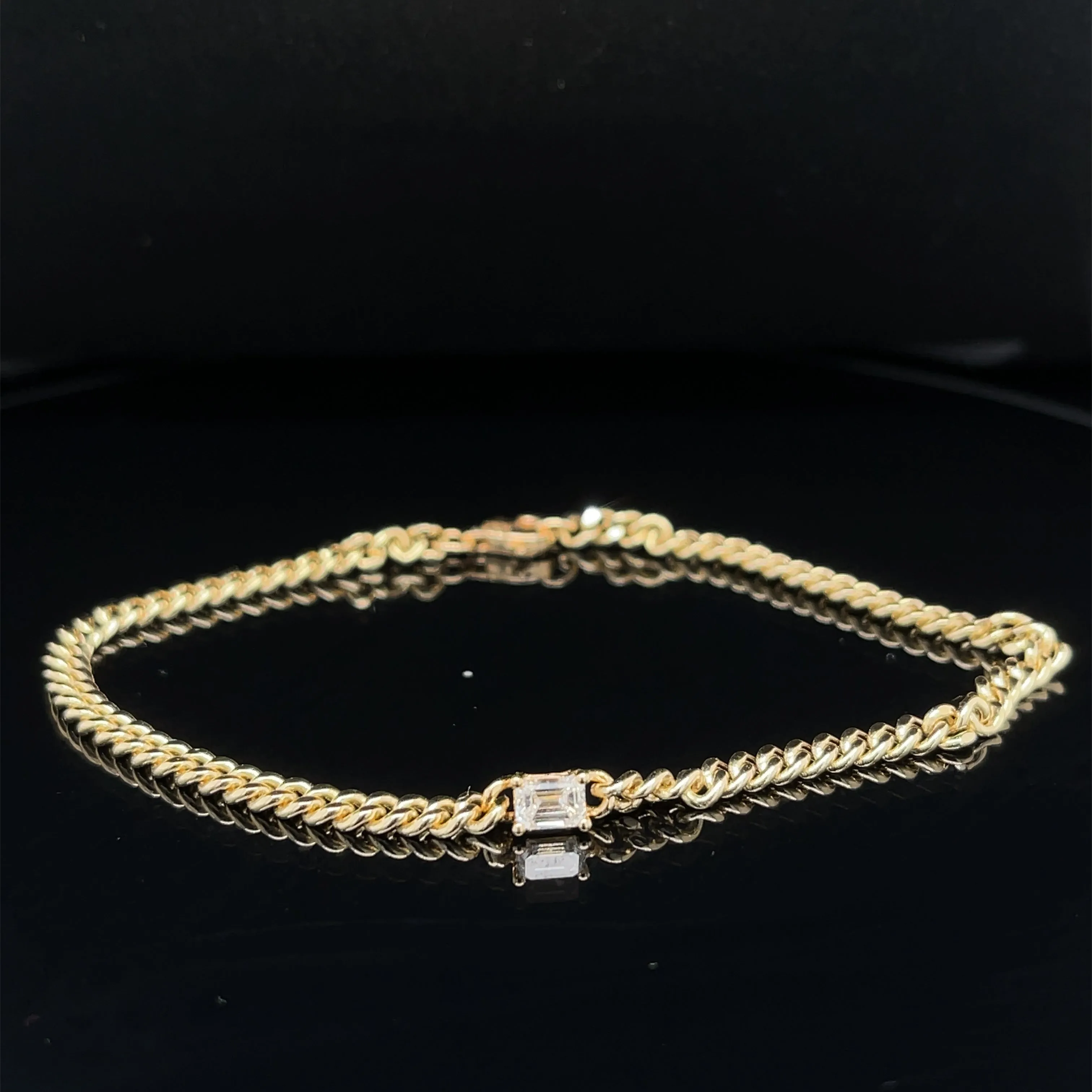 Diamond Emerald Cut Solitaire 0.30ctw Curb Chain Bracelet in 18k Yellow Gold - #316 BRDIA090917