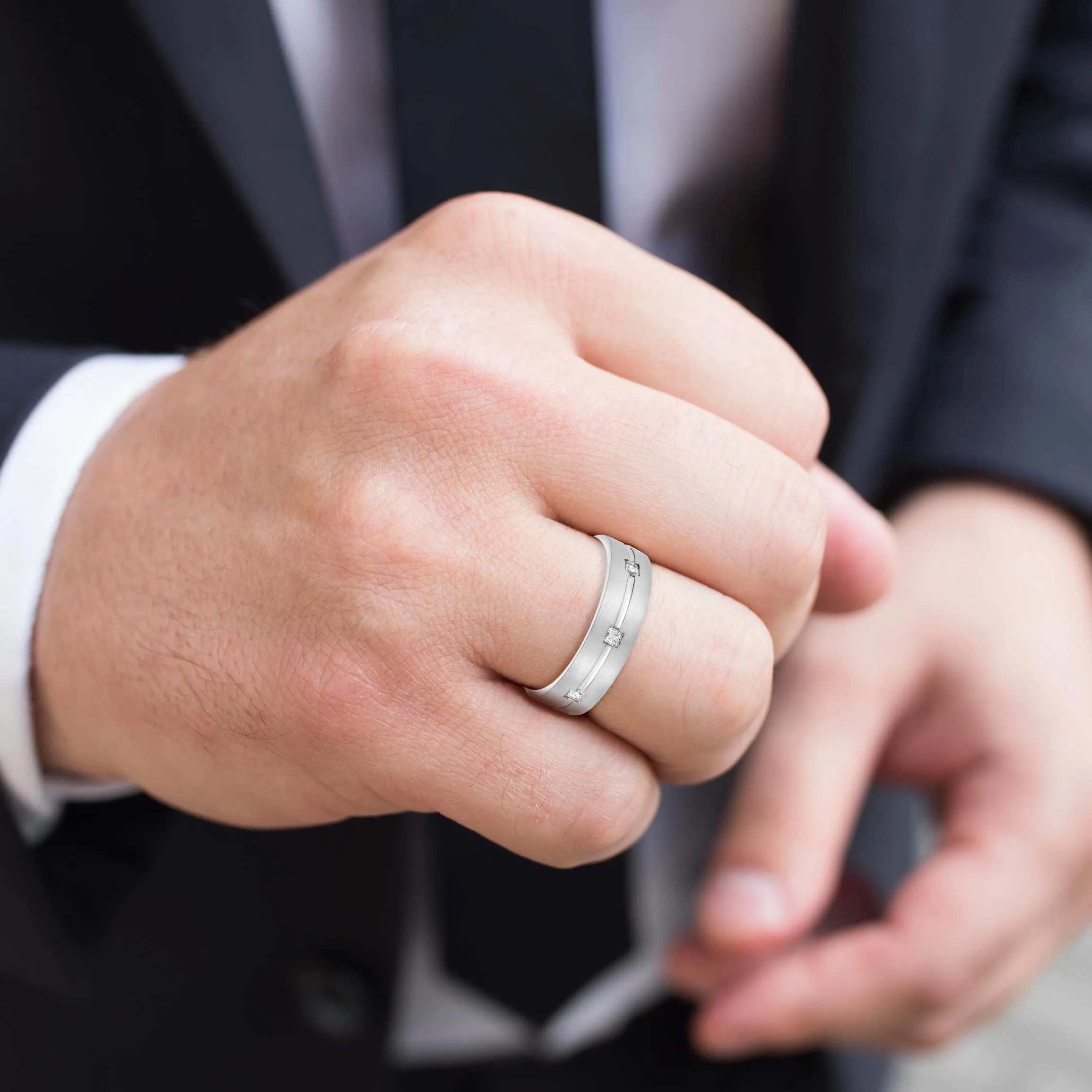 Double Groove Princess Cut Diamond Men's Wedding Band