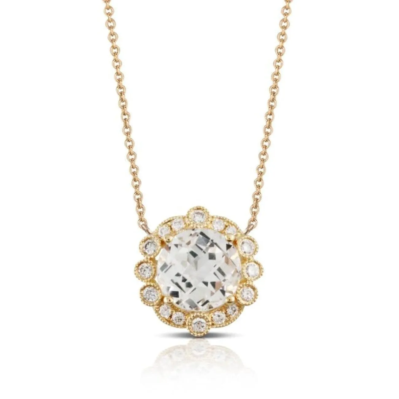 Doves 18KT Yellow Gold Neck with Round Faceted White Topaz with Diamond Halo