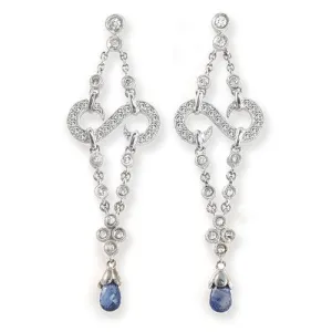 Drop Sapphires Dangle Diamond Earrings, 18k White Gold