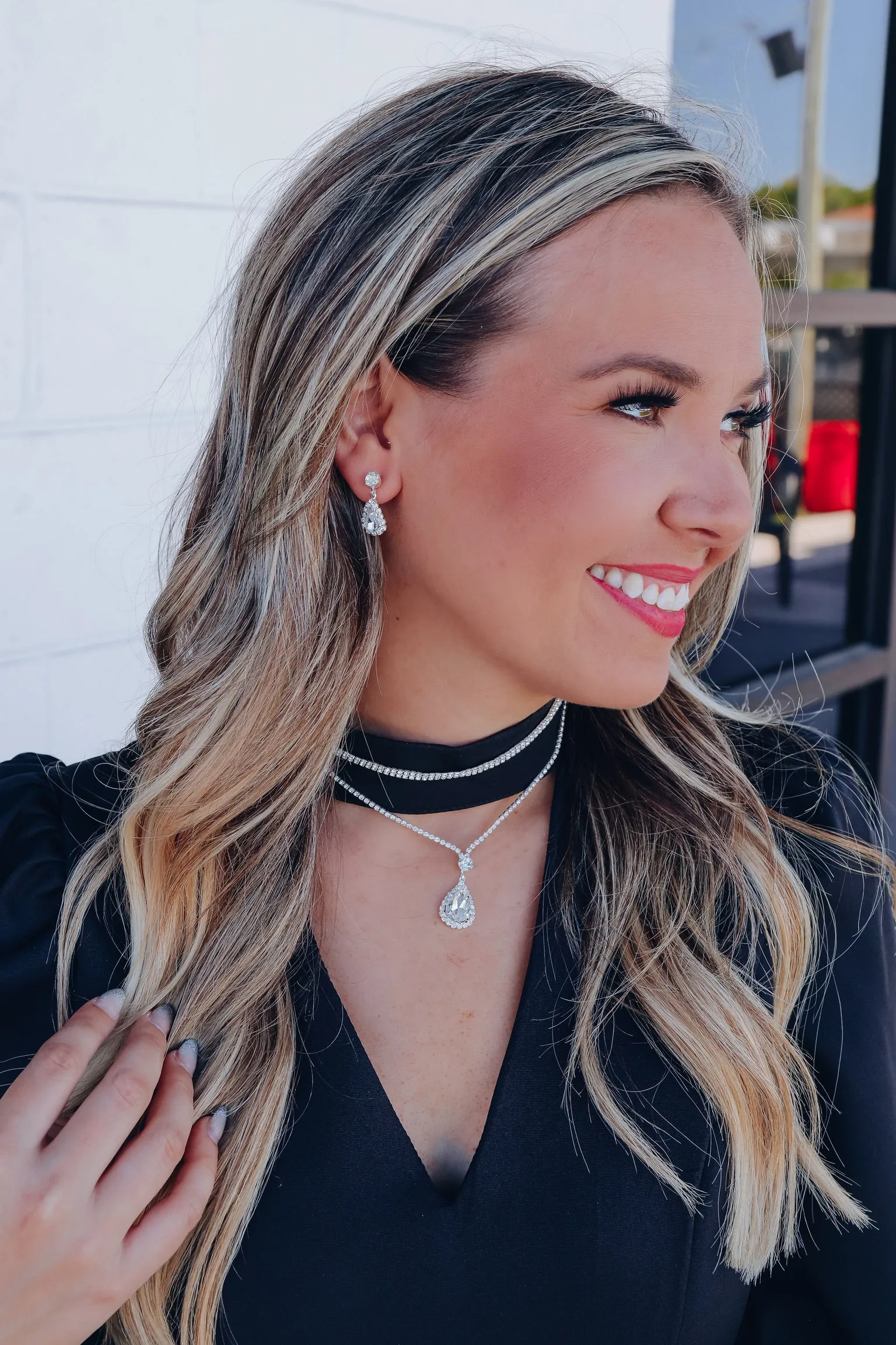 Drops of Diamonds Necklace Set - Silver