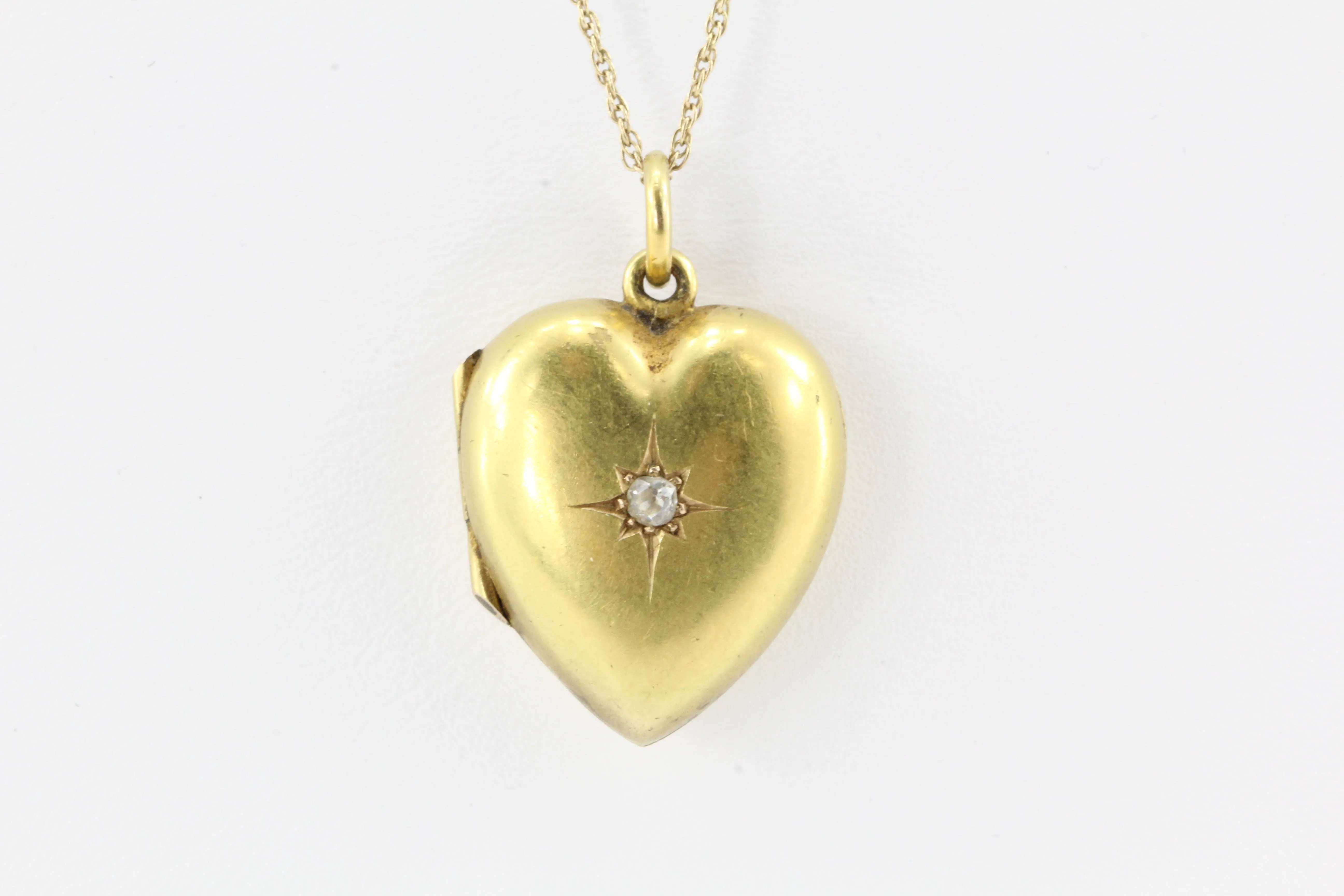 Edwardian English 15K Gold Old Mine Cut Diamond Puffy Heart Locket Pendant c.1905