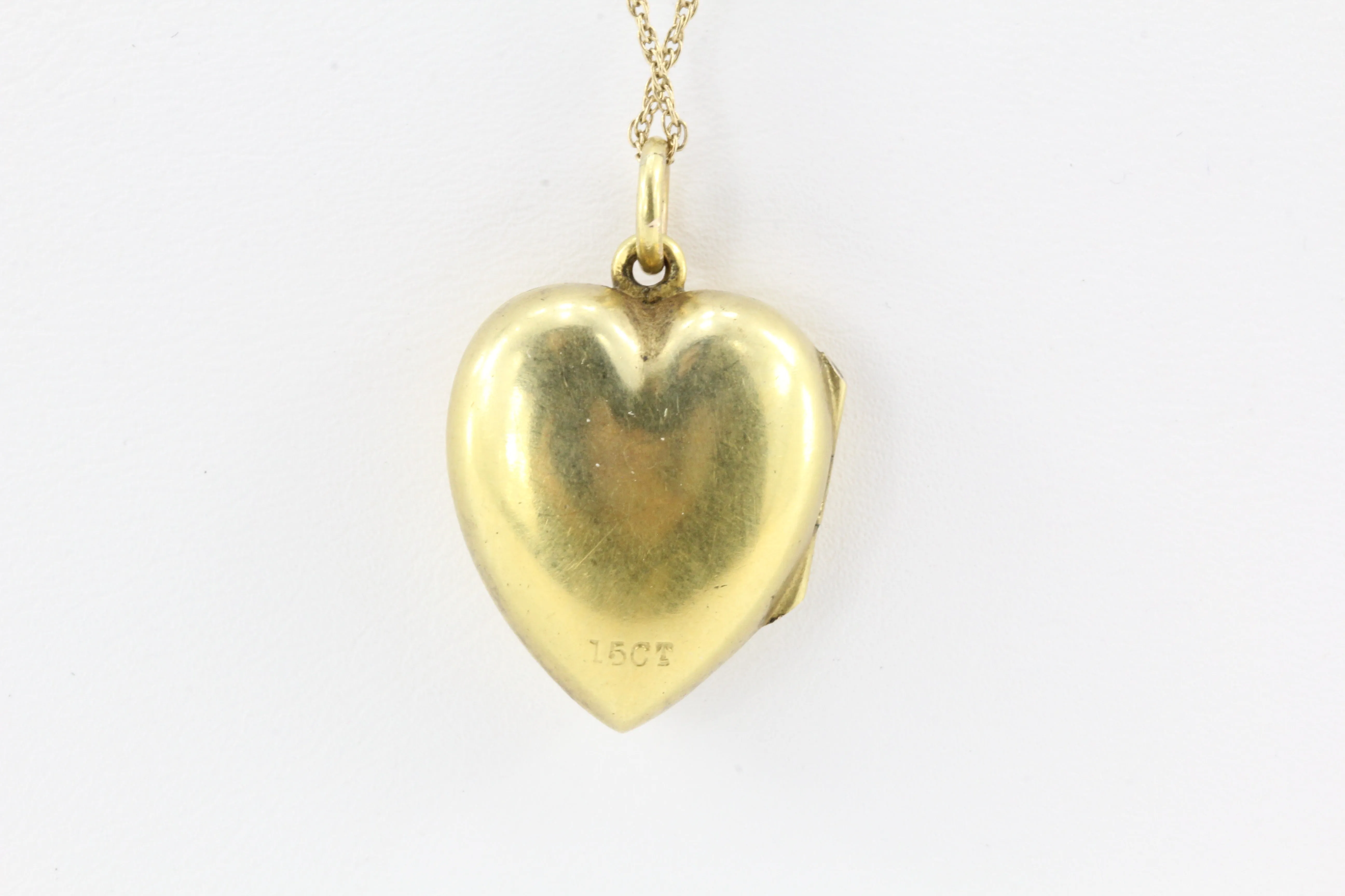 Edwardian English 15K Gold Old Mine Cut Diamond Puffy Heart Locket Pendant c.1905