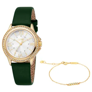 Esprit Ladies Gold-Tone Watch with Green Leather Strap & Matching Bracelet
