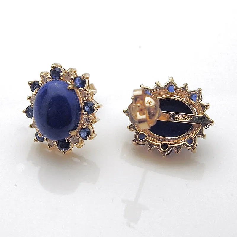 Estate 14k Yellow Gold Lapis Blue Sapphire and Diamond Earrings