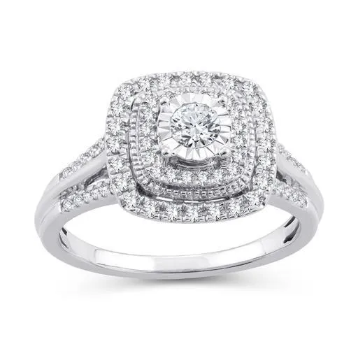 EternalDia 1/2 Cttw Diamond Cushion Frame Dual Halo Vintage-Style Engagement Ring In 10kt White Gold (IJ/I2I3)