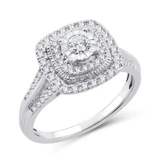 EternalDia 1/2 Cttw Diamond Cushion Frame Dual Halo Vintage-Style Engagement Ring In 10kt White Gold (IJ/I2I3)