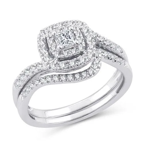 EternalDia Princess Cut 1/2 Cttw Diamond Cushion Frame Halo Curved Bridal Set In 10kt White Gold (IJ/I2I3)