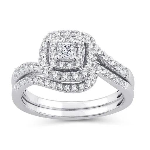 EternalDia Princess Cut 1/2 Cttw Diamond Cushion Frame Halo Curved Bridal Set In 10kt White Gold (IJ/I2I3)