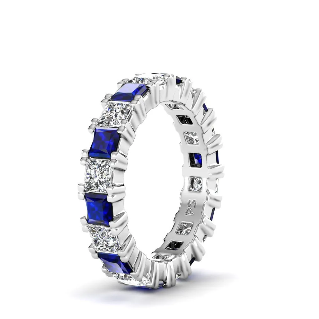 Exquisite 4.70CT Princess cut Diamonds and Blue Sapphires Eternity Ring in 18KT White Gold