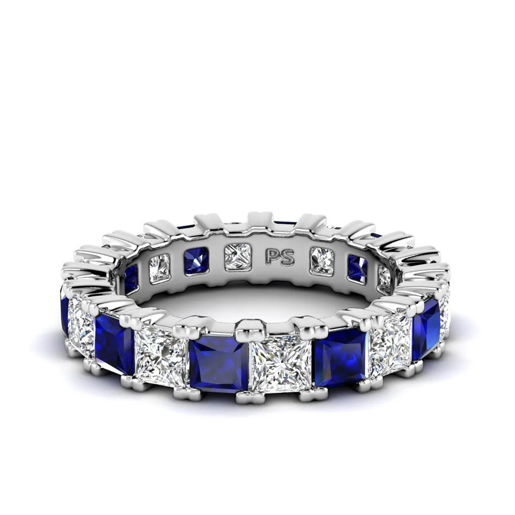 Exquisite 4.70CT Princess cut Diamonds and Blue Sapphires Eternity Ring in 18KT White Gold