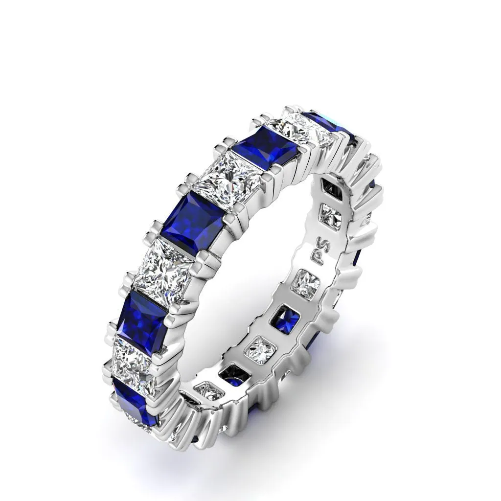 Exquisite 4.70CT Princess cut Diamonds and Blue Sapphires Eternity Ring in 18KT White Gold
