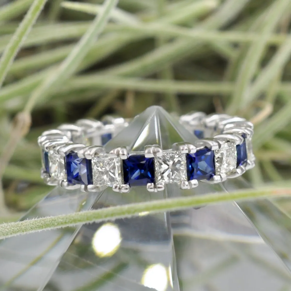 Exquisite 4.70CT Princess cut Diamonds and Blue Sapphires Eternity Ring in 18KT White Gold