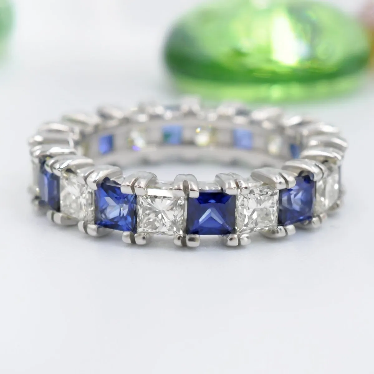 Exquisite 4.70CT Princess cut Diamonds and Blue Sapphires Eternity Ring in 18KT White Gold