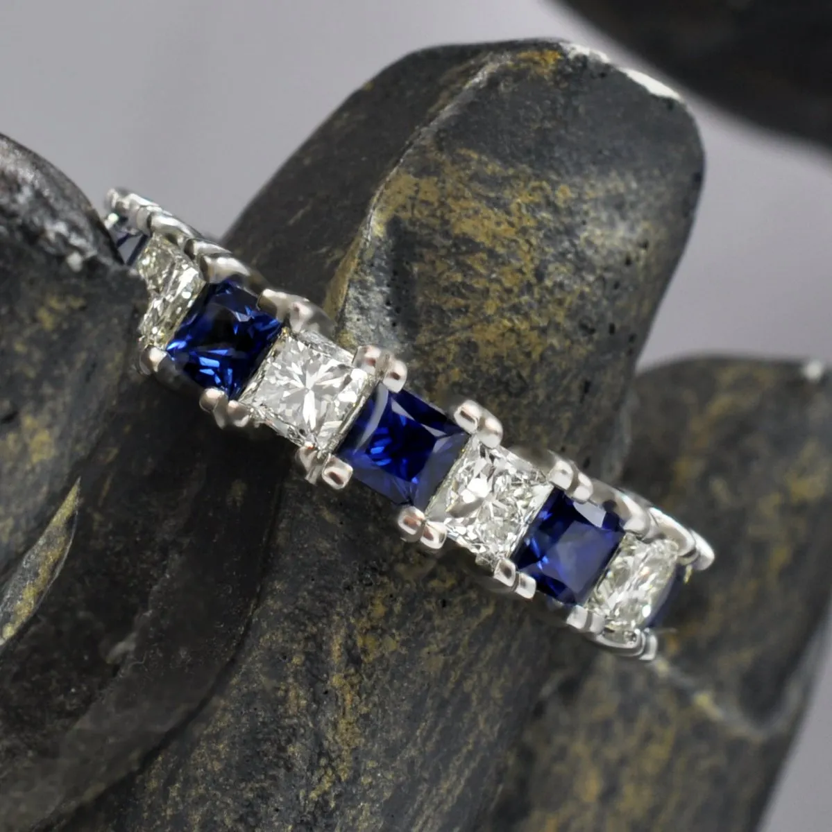 Exquisite 4.70CT Princess cut Diamonds and Blue Sapphires Eternity Ring in 18KT White Gold