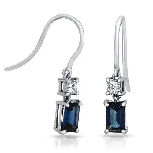 Exquisite Dangling Sapphire Earrings with accented of Princess Diamonds in18k White Gold