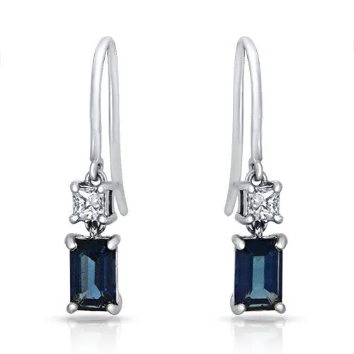 Exquisite Dangling Sapphire Earrings with accented of Princess Diamonds in18k White Gold