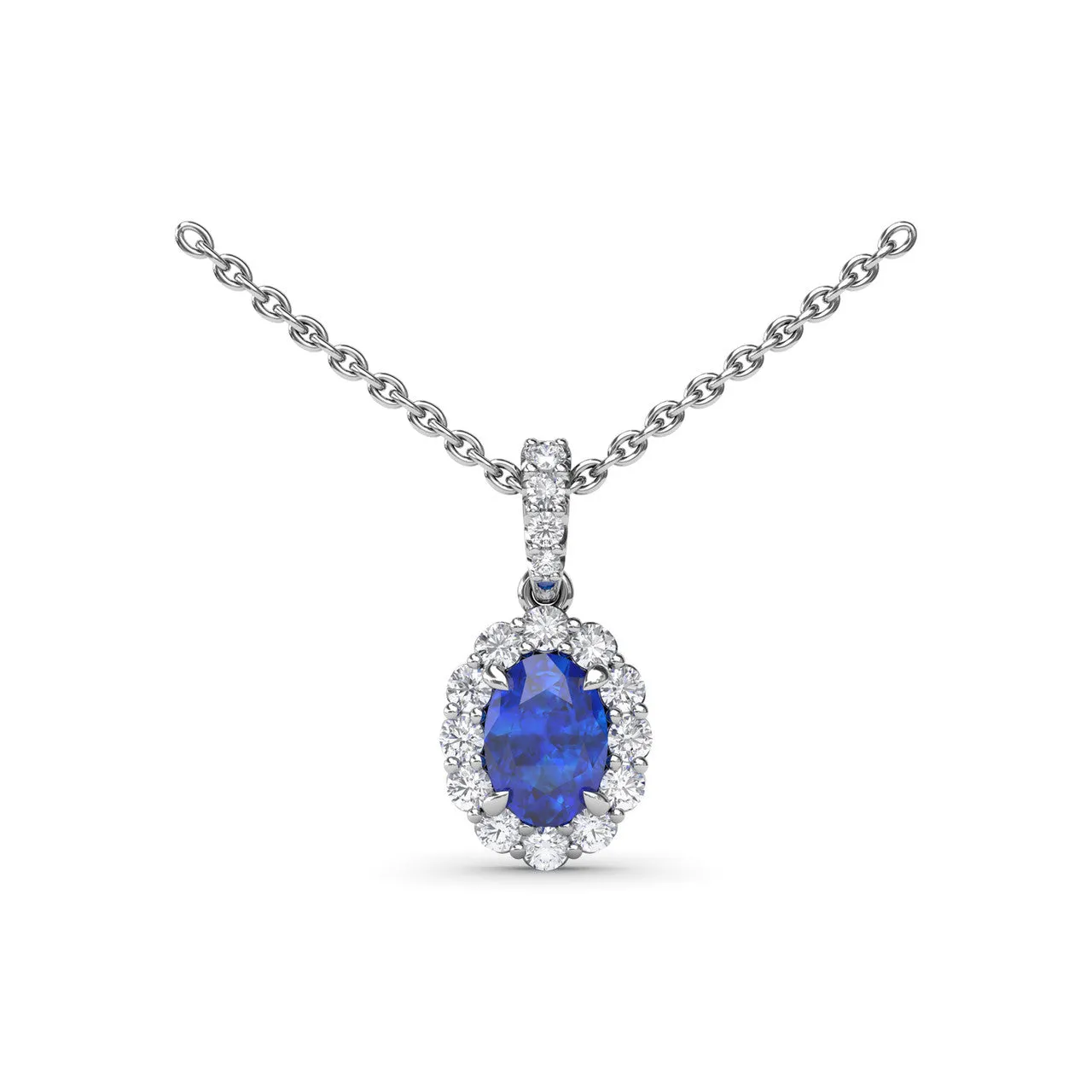 Fana 14k White Gold Sapphire and Diamond Halo Necklace