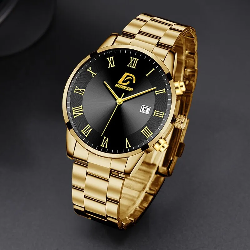 Fashion Mens Gold Stainless Steel Watches Luxury