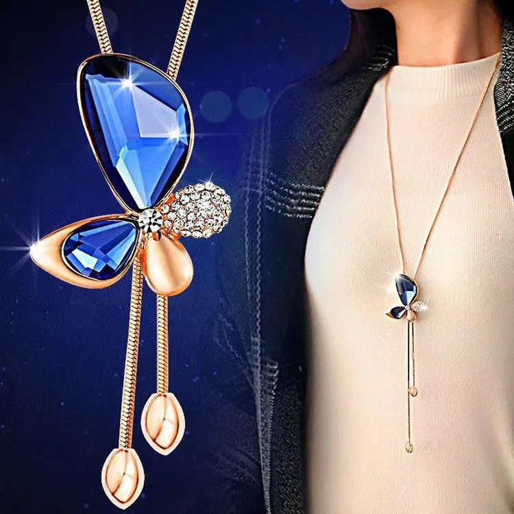 Fine Trendy Statement Crystal Butterfly Tassel Long Necklace Women Gold Plated Jewelry Bijoux Necklaces & Pendants