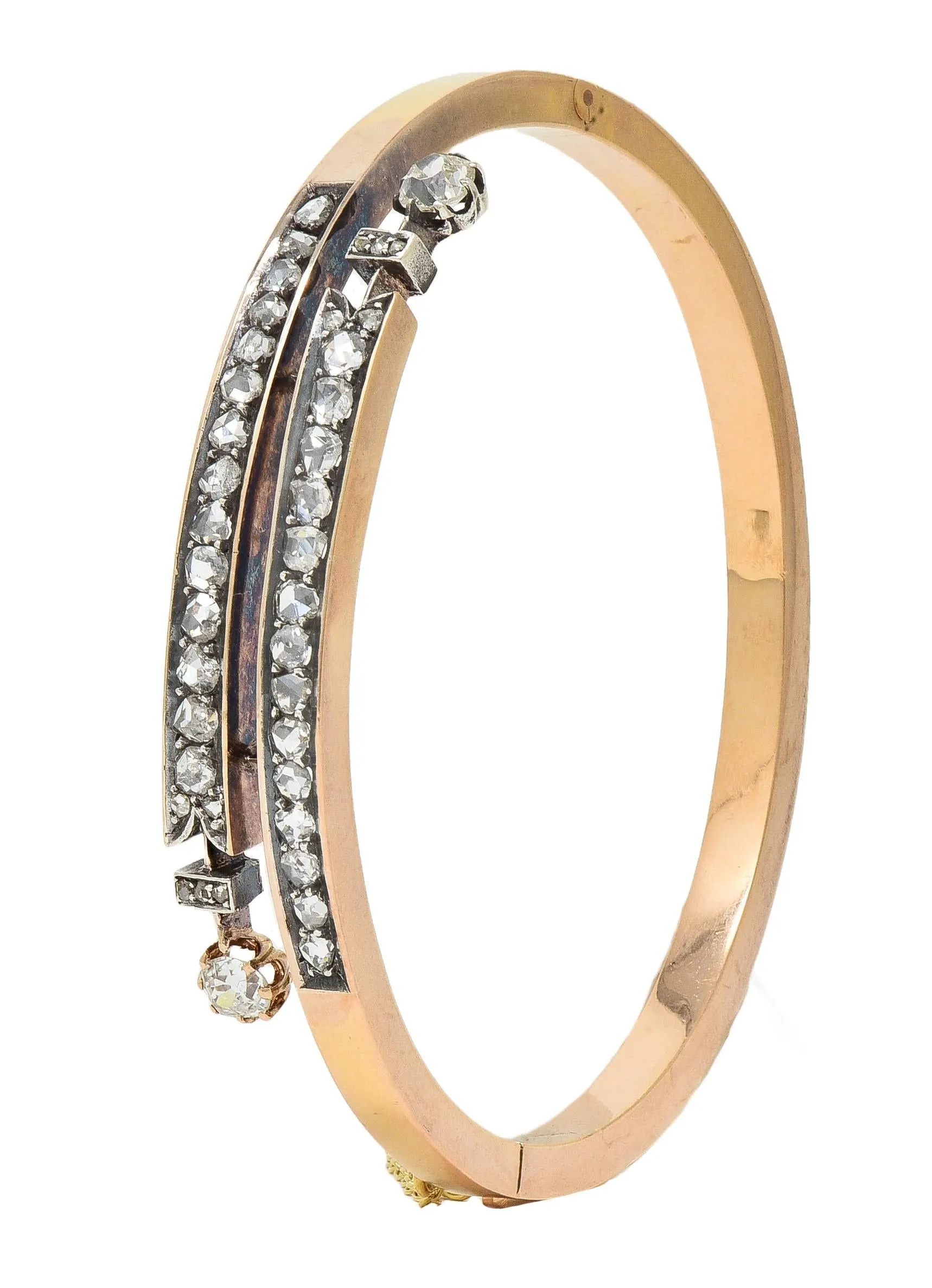 French Victorian 1.72 CTW Diamond Silver 18 Karat Gold Antique Bypass Bangle Bracelet