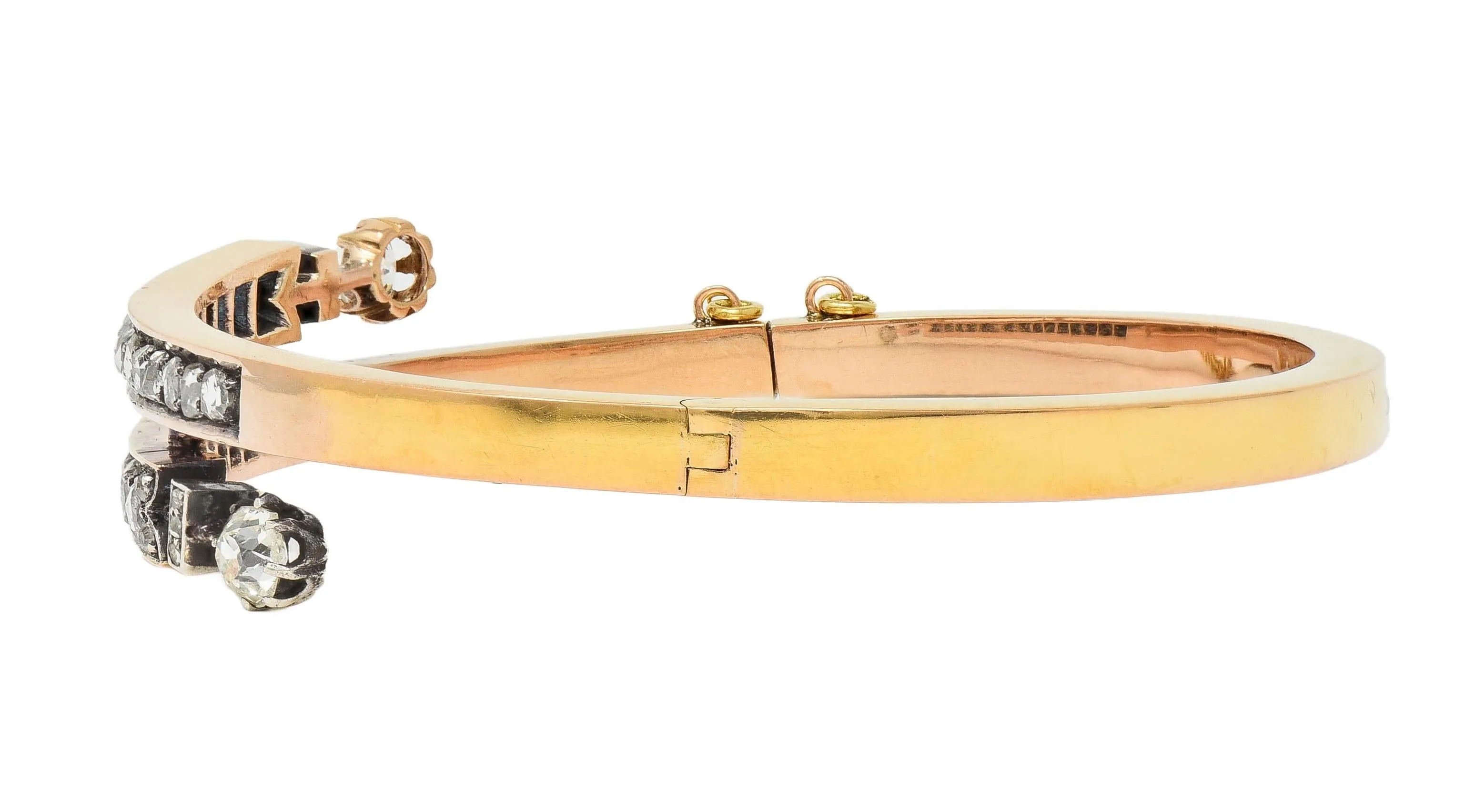 French Victorian 1.72 CTW Diamond Silver 18 Karat Gold Antique Bypass Bangle Bracelet