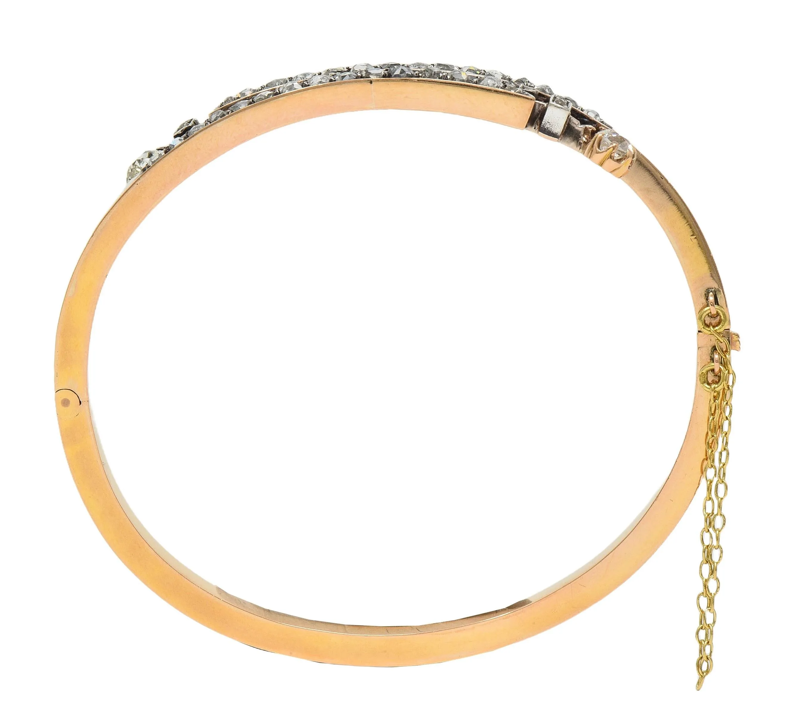 French Victorian 1.72 CTW Diamond Silver 18 Karat Gold Antique Bypass Bangle Bracelet