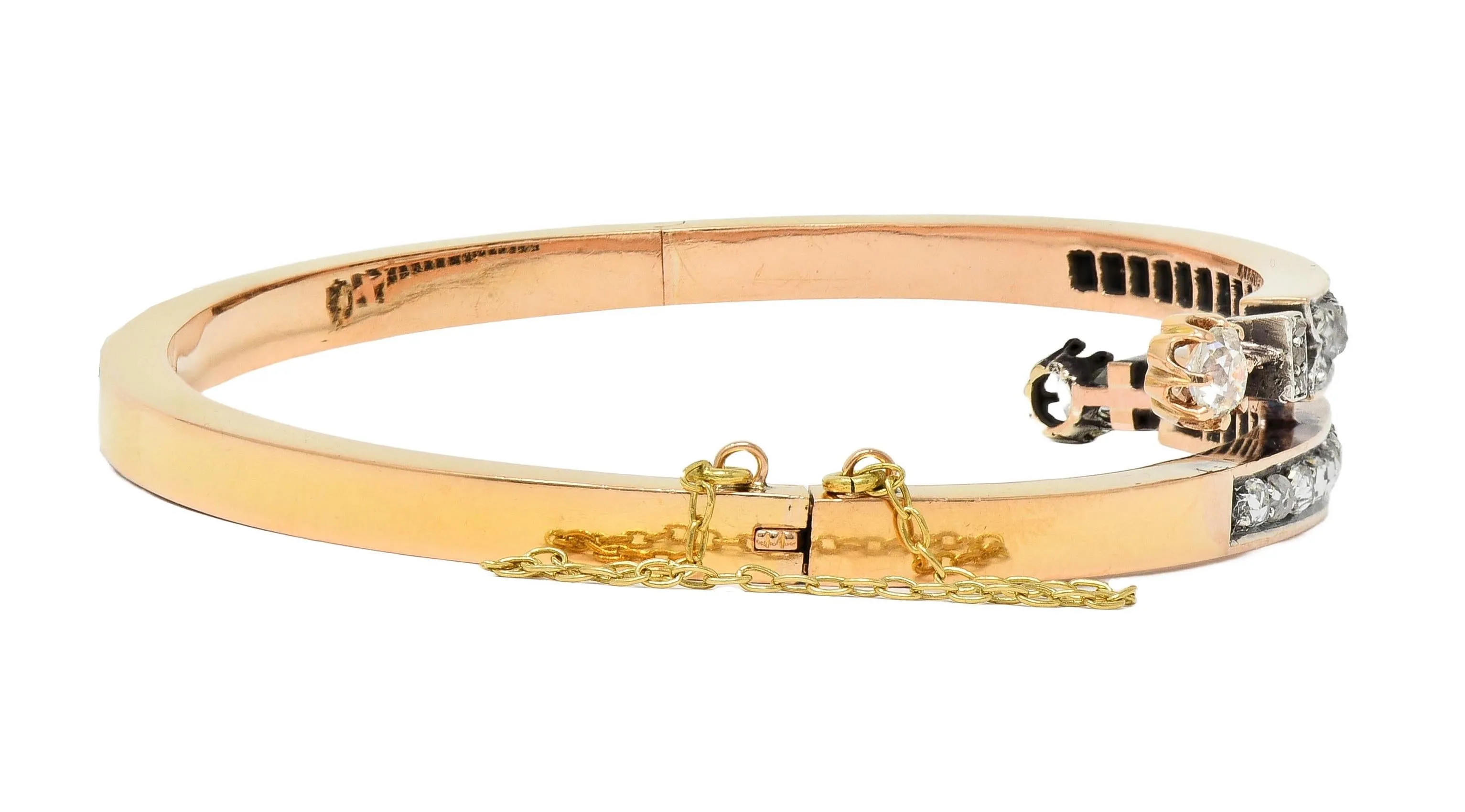 French Victorian 1.72 CTW Diamond Silver 18 Karat Gold Antique Bypass Bangle Bracelet