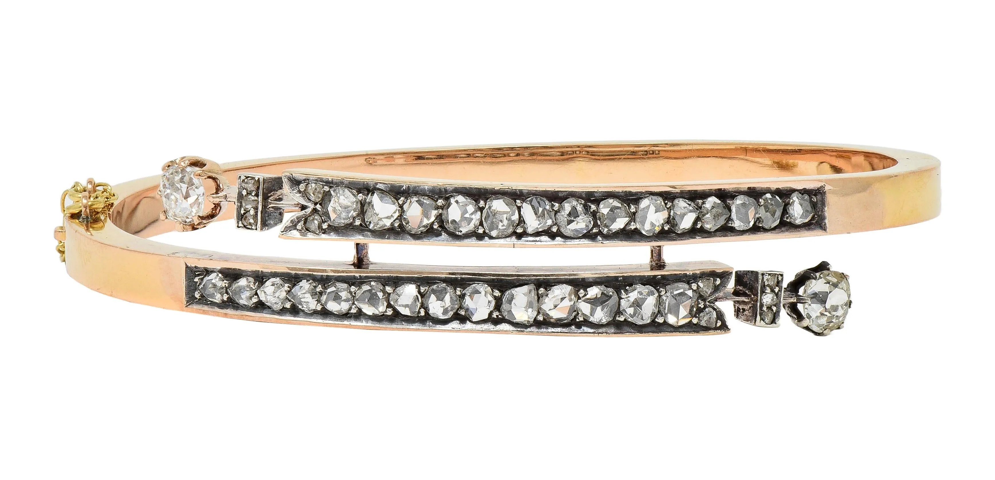 French Victorian 1.72 CTW Diamond Silver 18 Karat Gold Antique Bypass Bangle Bracelet