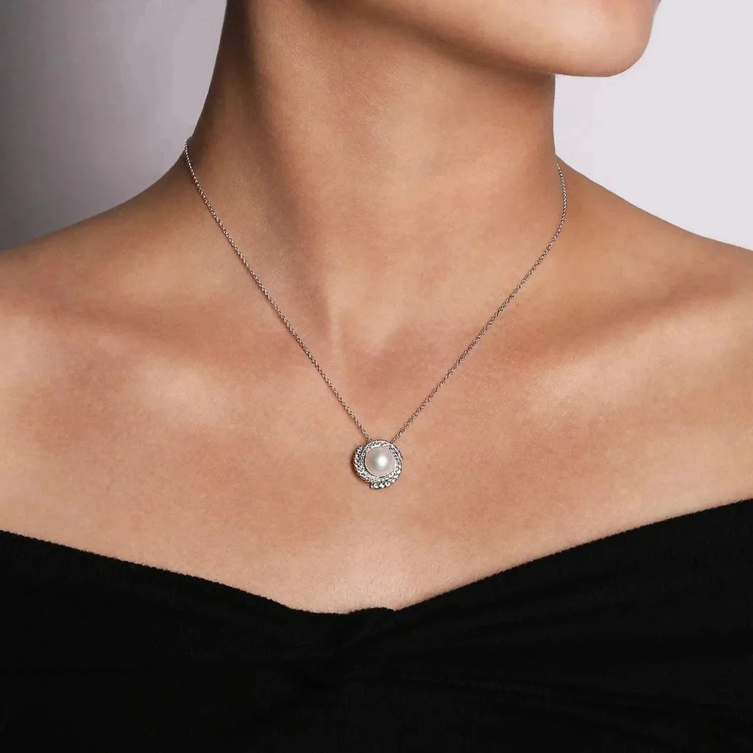 Gabriel & Co. Cultured Pearl Swirling Diamond Halo Pendant