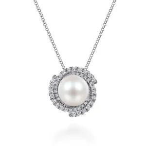 Gabriel & Co. Cultured Pearl Swirling Diamond Halo Pendant