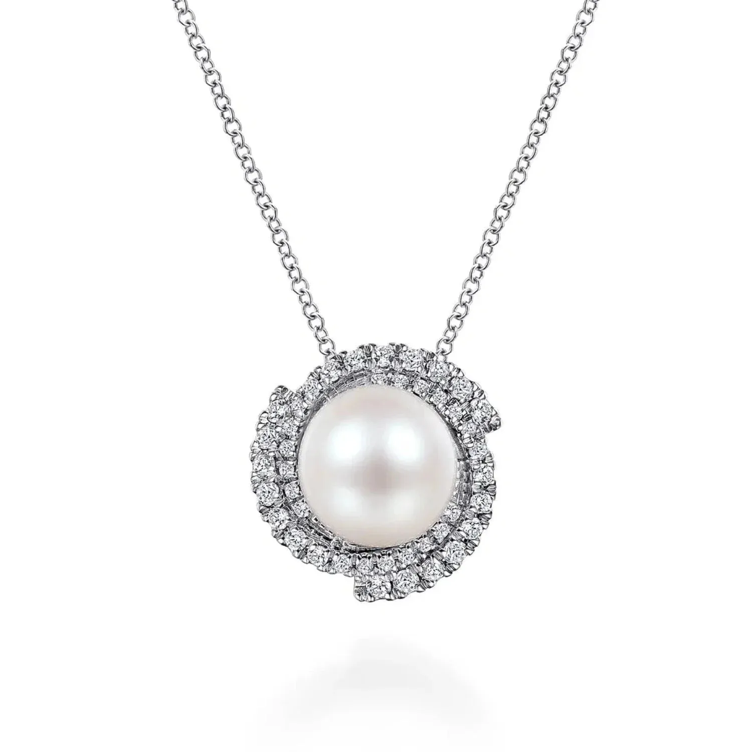 Gabriel & Co. Cultured Pearl Swirling Diamond Halo Pendant