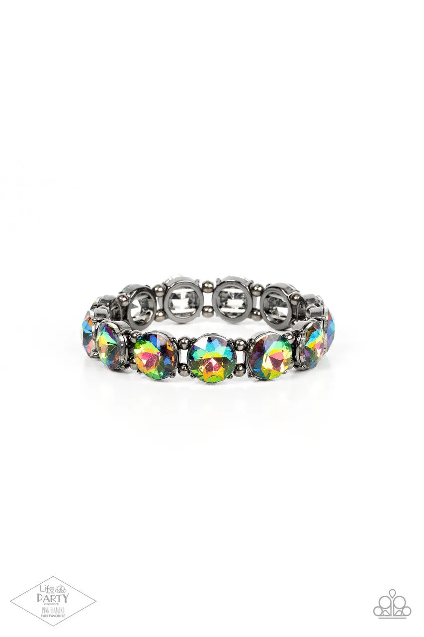 Glitzy Glamorous - Multi - Oil Spill Gem Gunmetal Paparazzi Stretchy Bracelet - Pink Diamond Exclusive